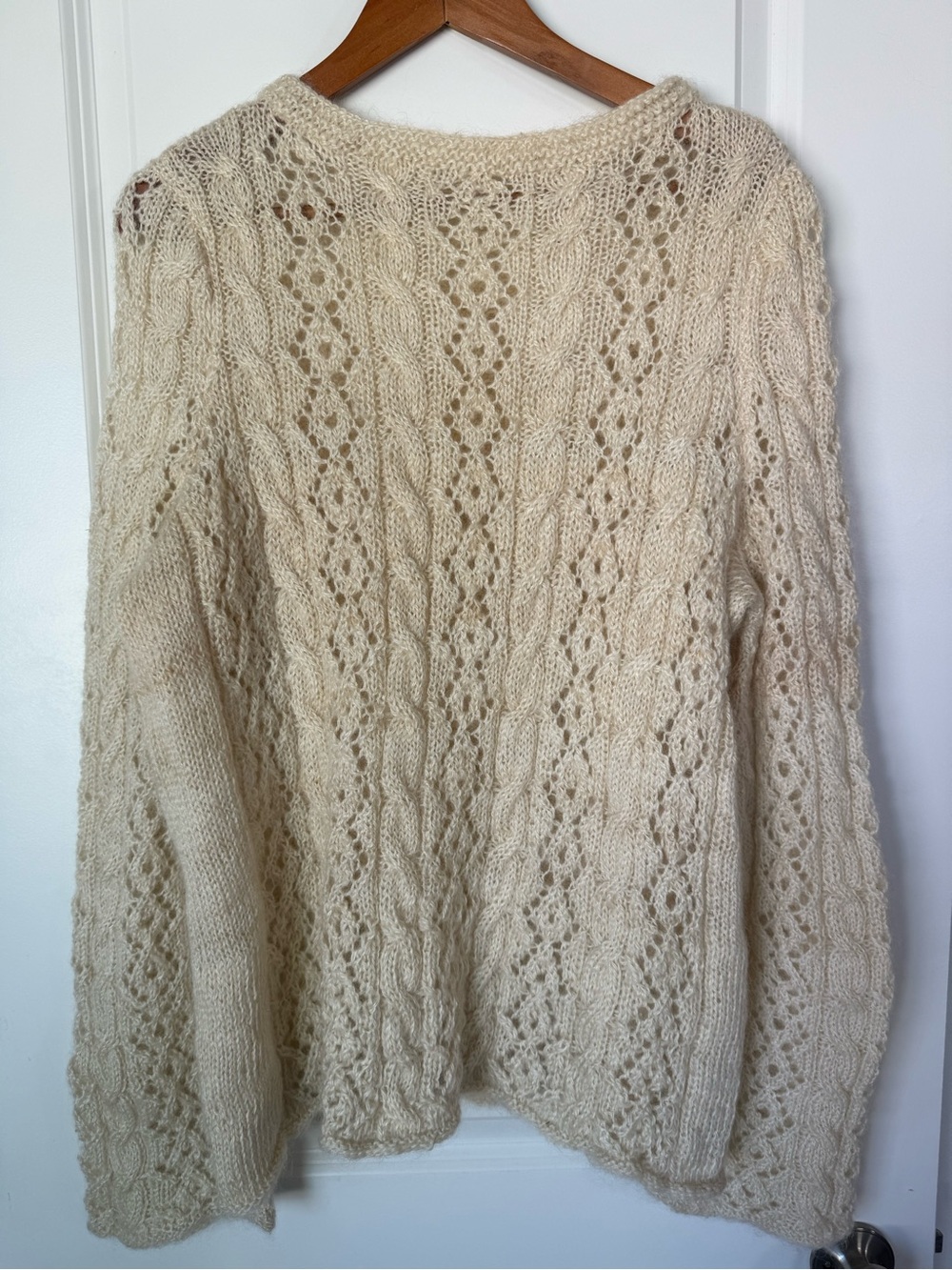 Vintage Hand Knit Cream Mohair Open Cable Knit Sweater L